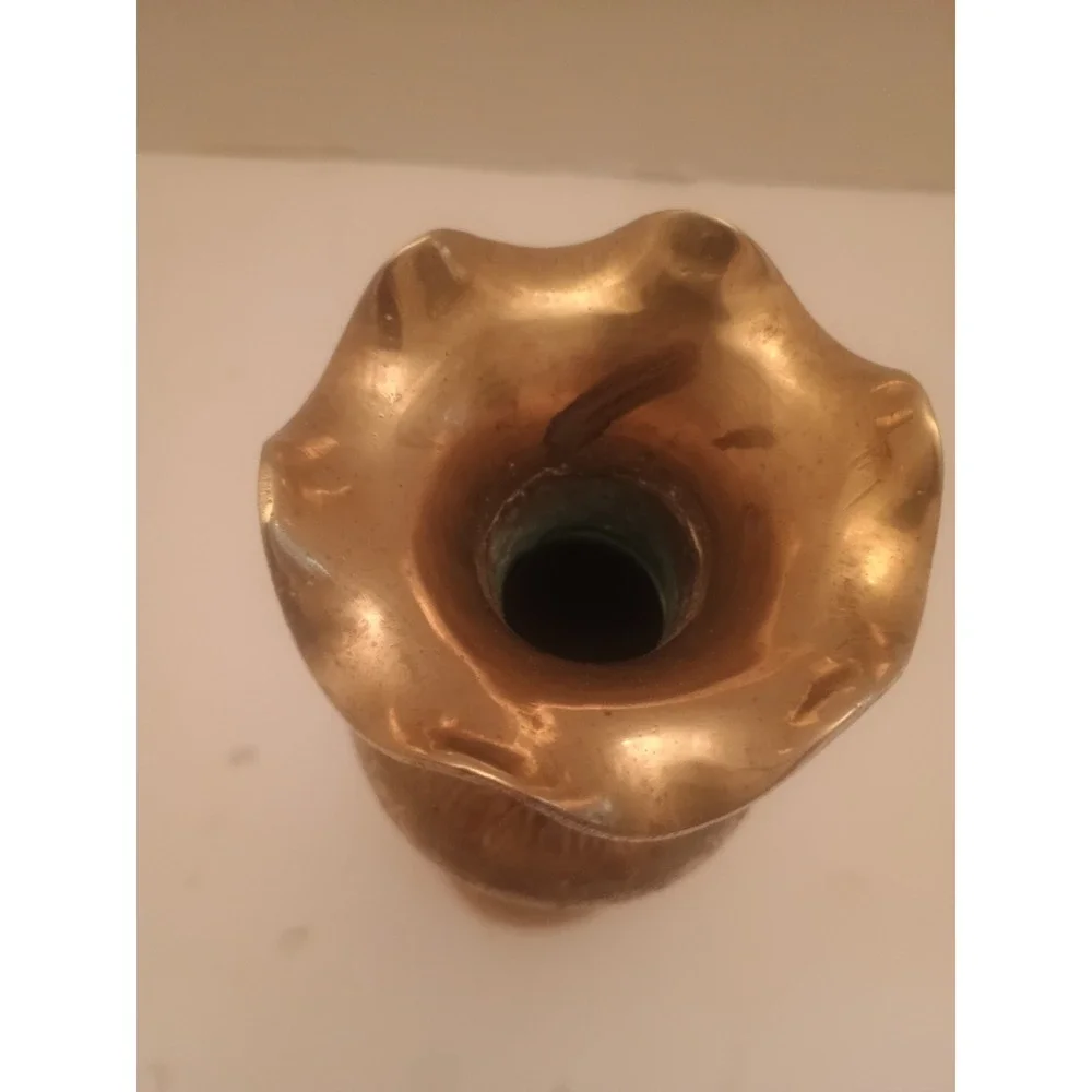 Vintage 8 inch Brass vase with scalloped edges etched floral design